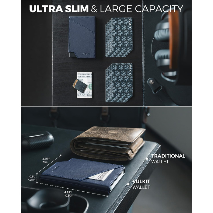 Чоловічий гаманець-картхолдер VULKIT Pop-up з RFID-захистом, металевий слімак з натуральної шкіри корови для кредитних карток, купюр та монет, темно-синій