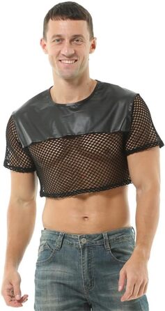 Чоловіча футболка з сітки та штучної шкіри - прозора, стильна