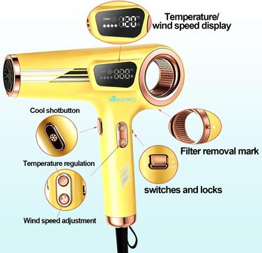 Іонний фен для волосся 2100W з потужним AC-двигуном, інфрачервоним підігрівом, дифузором, гребінцем та соплом (Жовтий)