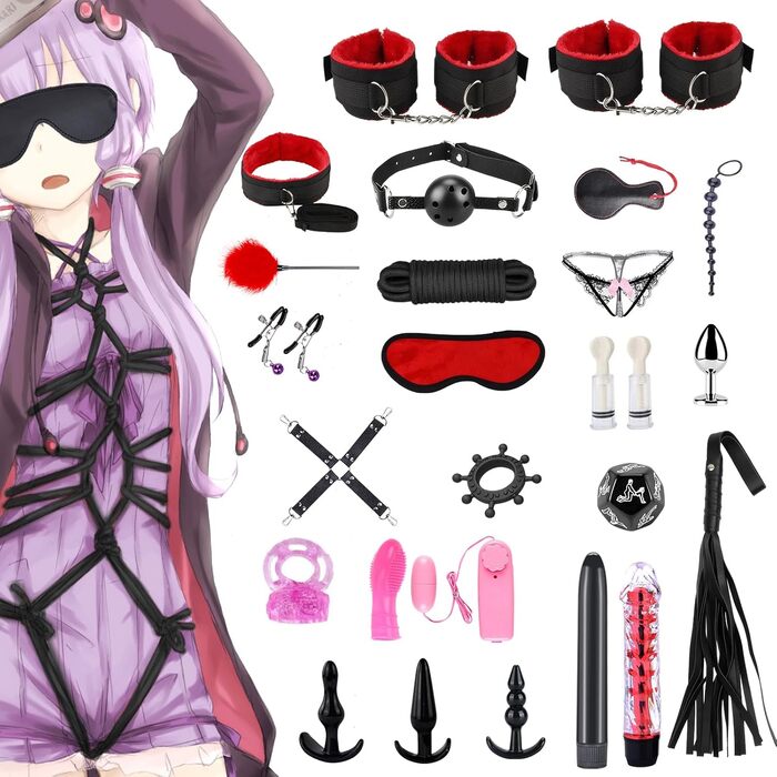 Набір для БДСМ з 26 елементів Qoosea: наручники, феттери, анальні пробки, іграшки для пар. Чорний колір.