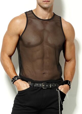 Чоловіча майка-сітка Casey Kevin Herren Netz Tank Top, прозора, з круглим вирізом, для клубної моди, чорна A1