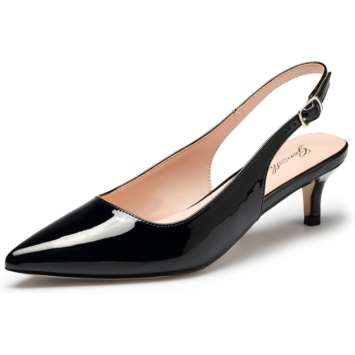 Жіночі елегантні туфлі-човники GENSHUO на низьких підборах (kitten heels) з відкритою п'ятою, чорний лак, розмір 42 EU