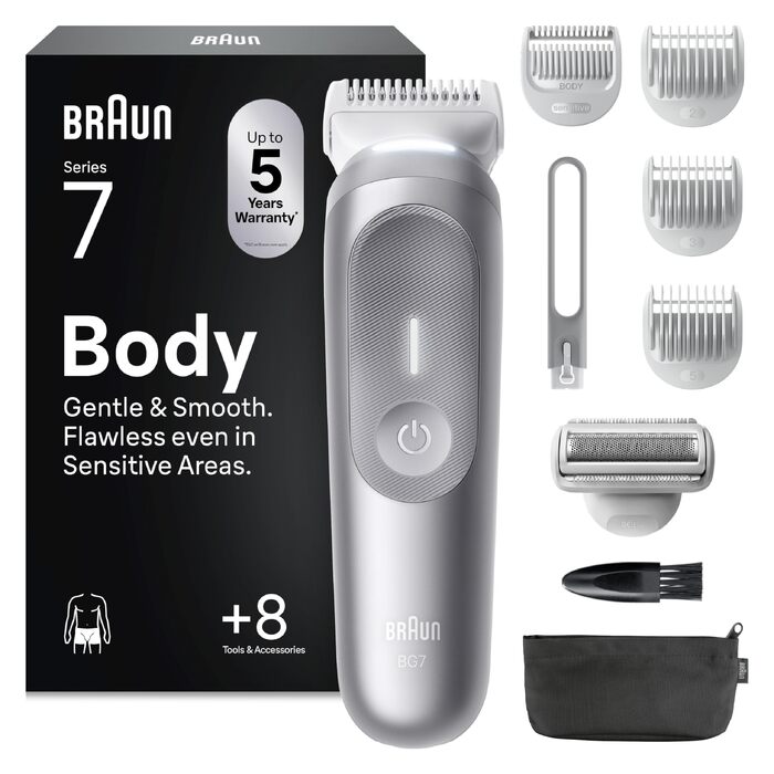 Тример для тіла та інтимних зон Braun Bodygroomer Series 7 BG7555, сірий — водонепроникний бездротовий чоловічий голений апарат з 8 насадками та чохлом