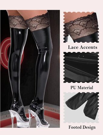 Чулки панчіхні жіночі високі над коліно з мереживом, лак шкіра, чорні. Сексуальний блискучий дизайн, антиковзаючі, для косплею, спідня білизна.