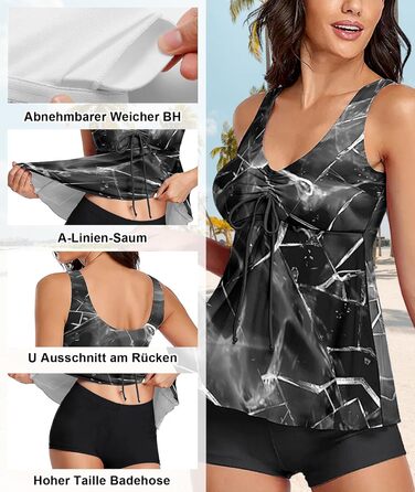 Танкіні жіночий купальник з високою талією, Push Up верхня частина з плавками, комплект двокомпонентний, літній принт, купальники для жінок, пляж, відпустка, дозвілля (Сірий море, M)