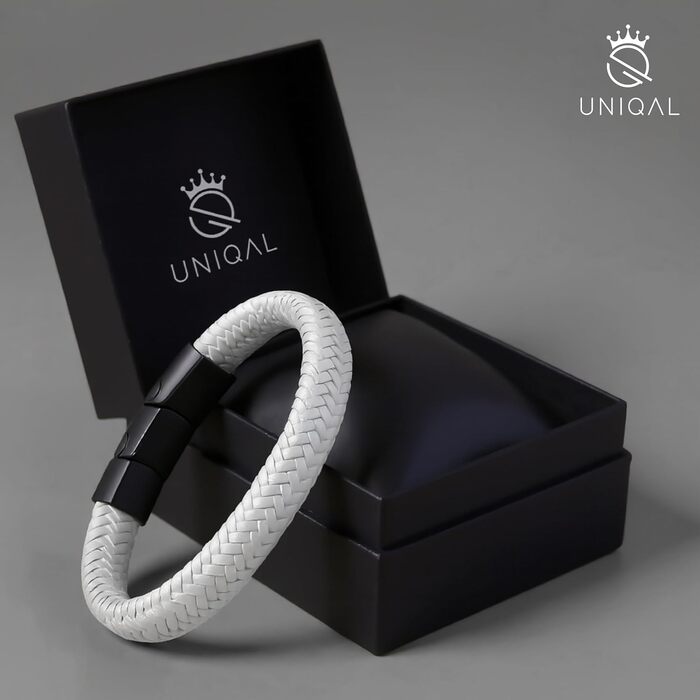 Шкіряний чоловічий браслет UNIQAL 'BRAID' з плетіння та нержавіючої сталі, білий, 21 см (у подарунковій коробці)