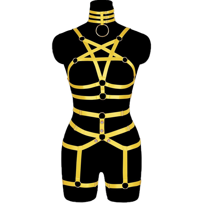 Жіночий корсет-нагрудник у стилі панк, повна клітка, мереживний бюстгальтер та пояс-стрінг, комплект, Харадзюку, готичний, фестивальний, рейв-стиль (помаранчевий, жовтий)