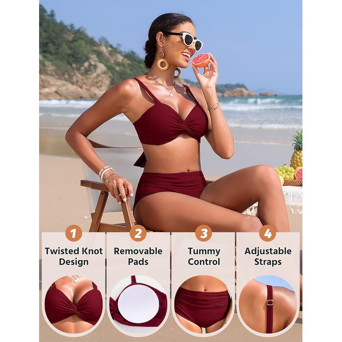 БІКІНІ ЖІНОЧИЙ ДВОШТУЧНИЙ З ВИСОКОЮ ТАЛІЄЮ, ПУШ-АП, З V-ПОДІБНИМ ВИГІНОМ, БУРГУНДІ, M