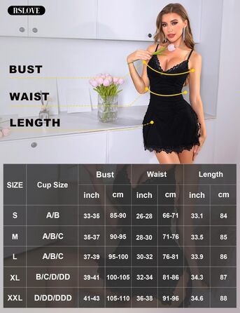 RSLOVE: Сексуальна нічна сорочка-бабідолль для жінок - мереживна піжама, сукня, чорний, розмір M