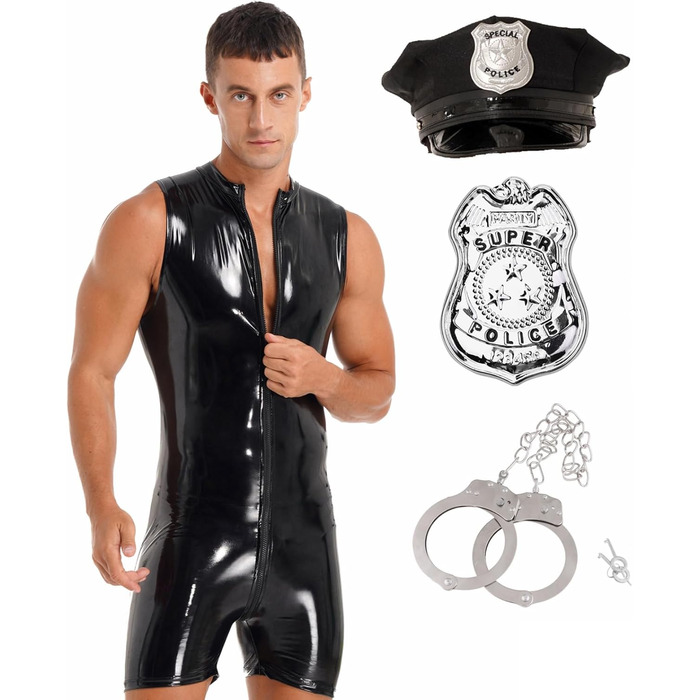 Костюм поліцейського для чоловіків Fldy: комплект з 4 предметів (кепка, шкіряний комбінезон, ефект мокрого блиску, чорний, XL)