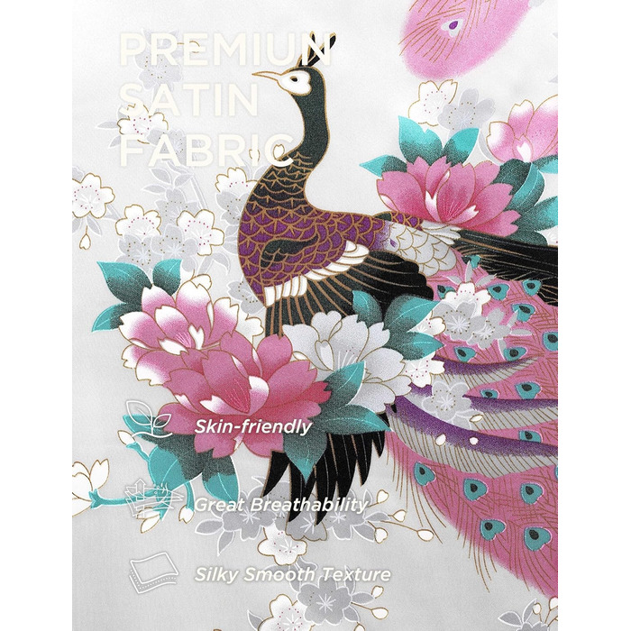 Халат жіночий довгий шовковий атласний, Kimono з принтом павича, BABEYOND