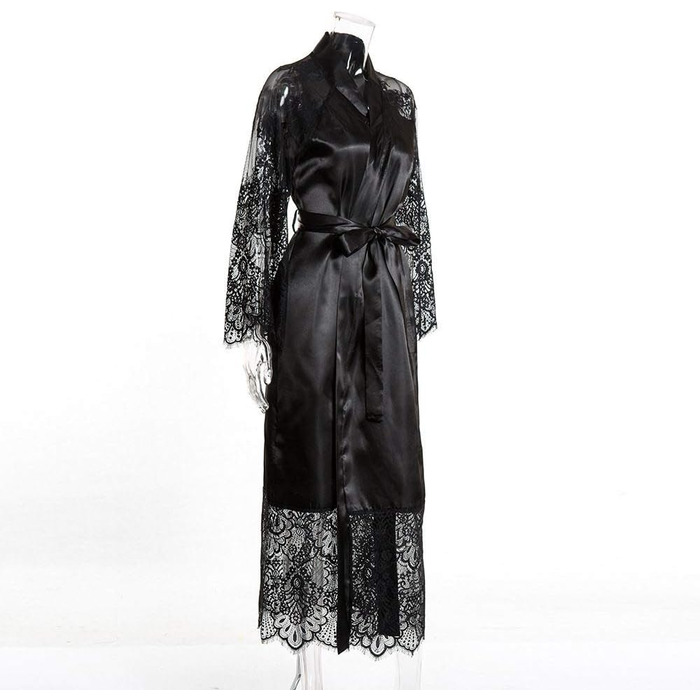 Кимоно жіноче YUHOOE, шовковий халат з мереживними рукавами, довгий халат з поясом, сатинова білизна, нічна сорочка для вечірки або свята, чорний, розмір M
