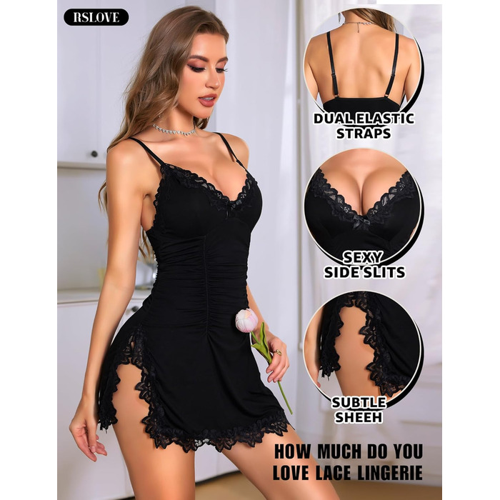 RSLOVE: Сексуальна нічна сорочка-бабідолль для жінок - мереживна піжама, сукня, чорний, розмір M
