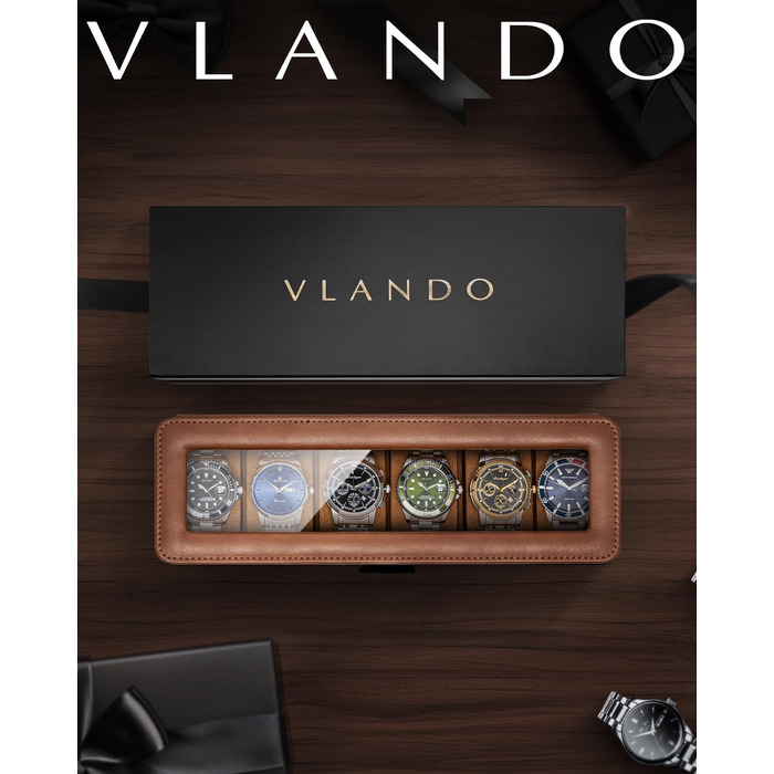 Бокс для годинників VLANDO на 6 шт, коричневий — шкіряний футляр для зберігання годинників зі скляною кришкою та замком