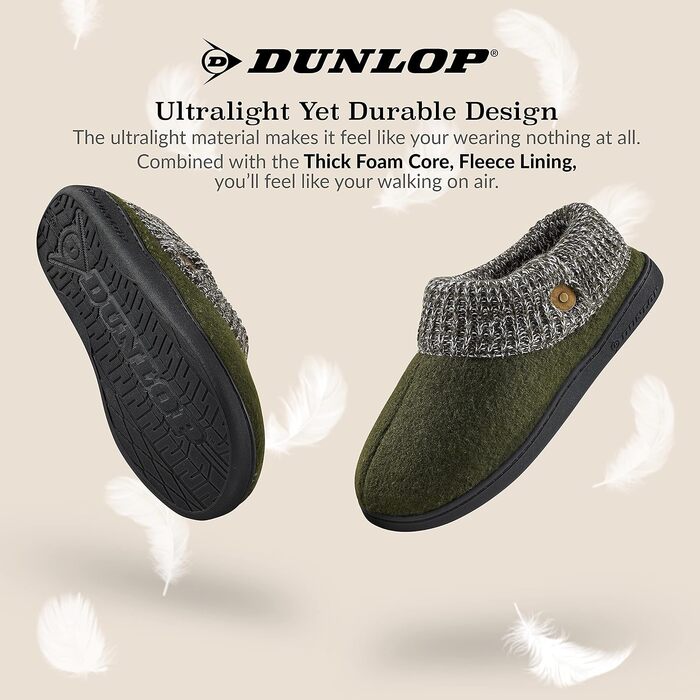 Чоловічі домашні капці DUNLOP з підкладкою з шерпа-флісу та піною з ефектом пам'яті Memory Foam, протиковзкі, колір хакі, розмір 43 EU