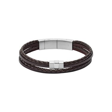 Чоловічий браслет Fossil Casual Texture з натуральної шкіри та нержавіючої сталі, коричневий, з магнітним або складаним замком