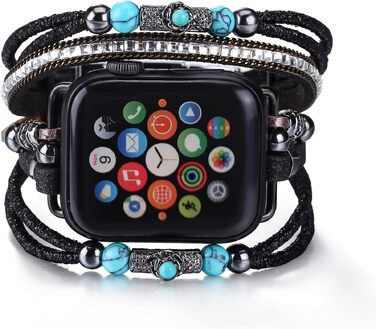 Шкіряний браслет Boho для Apple Watch — багатошаровий ремінець для iWatch Series 11 10 9 8 7 6 5 4 3 2 1 SE Ultra 1 2 3, чорний, 42/44/45/46/49мм
