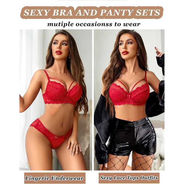 Avidlove Комплект жіночої білизни з мережива, сексуальний бюстгальтер з кісточками та трусики Push up, мереживний комплект, сексуальна білизна, вишуканий вигляд, червоний, XXL