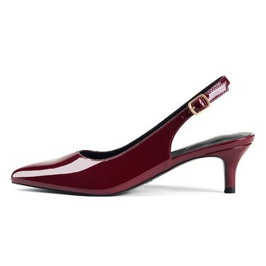 Жіночі елегантні туфлі-човники GENSHUO на низьких підборах (Kitten Heels) з відкритим задником, лакована шкіра, колір винно-червоний, розмір 42 EU