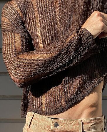 Чоловіча прозора сорочка AIEOE: мереживна сорочка з довгим рукавом для клубу, колір: коричневий