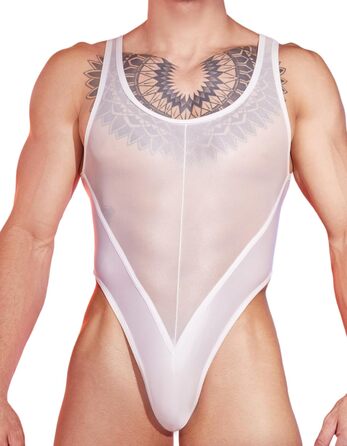 Боді для чоловіків AIEOE: прозорий боді, топ, майка, під одяг, без рукавів, труси-танга (білий)