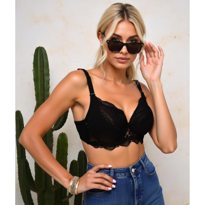 Бюстгальтер жіночий з пуш-ап, мереживний, з глибоким V-подібним вирізом, чорний (85B)