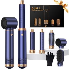Мультистайлер для волосся 5 в 1 UKLISS Airstyler: фен, вирівнювач, гофре та круглі щітки для укладки, чорний з синім