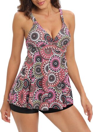 Двочастинний купальник Adigaber для жінок з пуш-ап, Tankini з шортами, спортивний дизайн (кола, M)