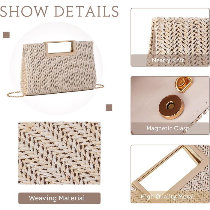 Жіночий соломий clutch-клатч EVEOUT: літня плетена сумка через плече для вечірок, весіль та відпустки, бежева