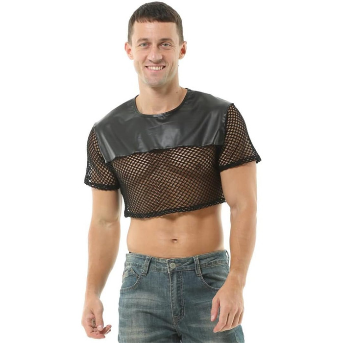 Чоловіча футболка з сітки та штучної шкіри - прозора, стильна