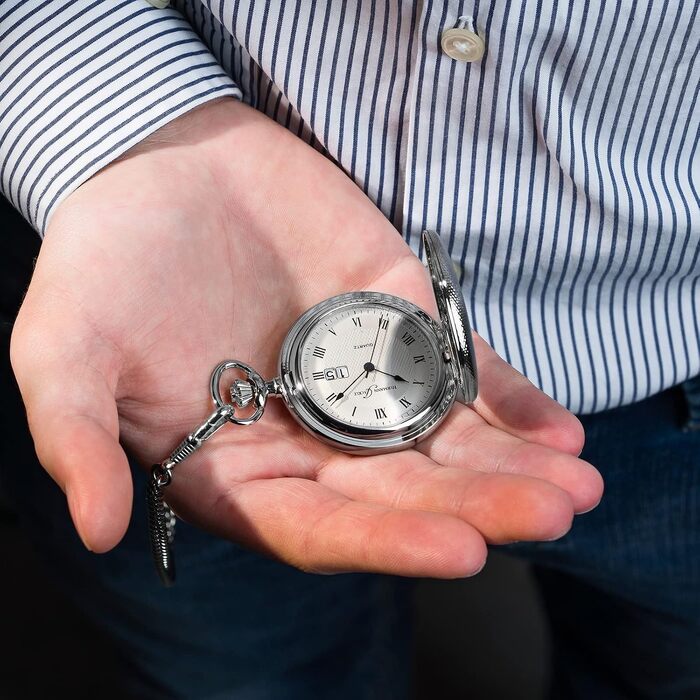 Чоловічий кишеньковий годинник Hermann Jäckle Koblenz II Big Date Quartz 50 мм з великою датою, ланцюжком та дорожнім футляром