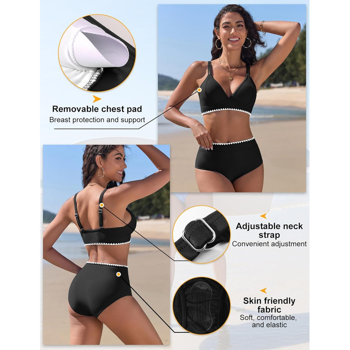 Бікіні жіночий комплект з V-подібним вирізом, двочастинний, з пуш-ап, висока талія, купальник сексуальний з білою мереживом, чорний, розмір S