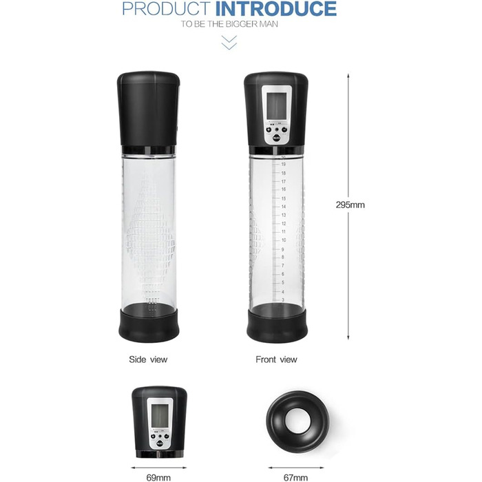 Електрична вакуумна помпа для збільшення статевого члена з акумулятором, LCD дисплеєм - 20см Ø7см - для чоловіків, допомога при еректильній дисфункції, тренування потенції