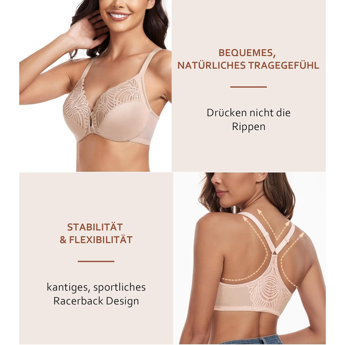 Бюстгальтер жіночий BH з кісточками, закривається спереду, великі розміри, без пуш-ап, м'який, racerback, квітковий принт, мереживо, повна чашка, для великої груди, сильна підтримка, класичний BHS (80E, бежевий)