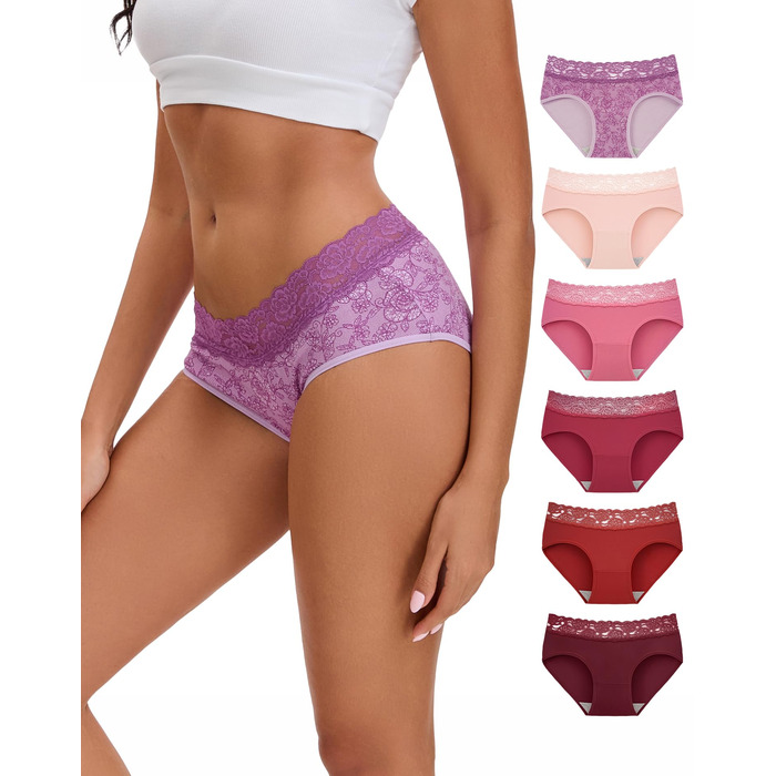 Слідки жіночі INNERSY бавовна з мереживом, комфортні, трусики-хіпстер, набір 6 шт. (46, 1 фіолетовий з квітковим принтом/5 червоних та рожевих серій)
