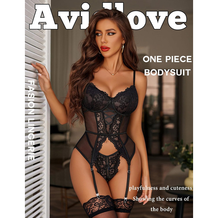 Avidlove Комплект нижньої білизни для жінок: мереживний боді, корсет, babydoll, чорний. Сексуальна спідня білизна, тіло, бюстгальтер та труси.