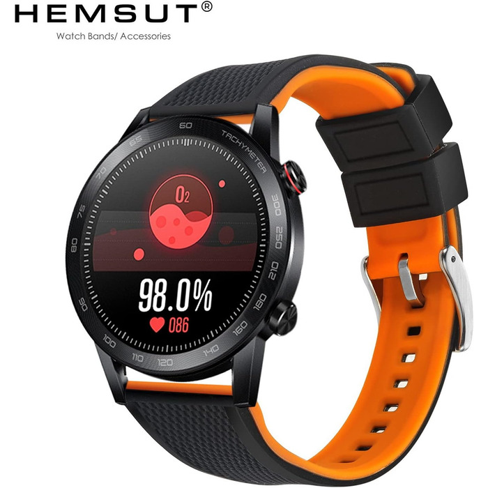 Силіконовий ремінець для годинника hemsut h (20мм, Чорний/Помаранчевий/Сріблястий) — м'який замінний браслет із системою швидкого вивільнення для чоловіків та жінок