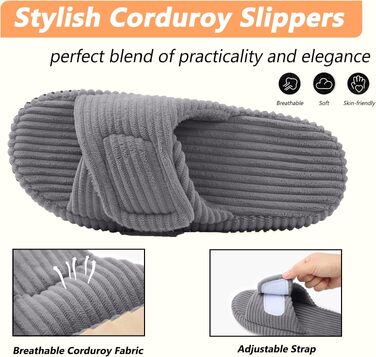 Жіночі домашні капці Coswind з ефектом пам'яті (Memory Foam), відкриті пальці, вельветові пантофлі, сірі, розмір 39/40 EU