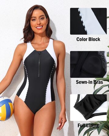 Чармо жіночий купальник для спорту з животом, цілісний з блискавкою спереду, купальник з чашками, чорний/білий, XL