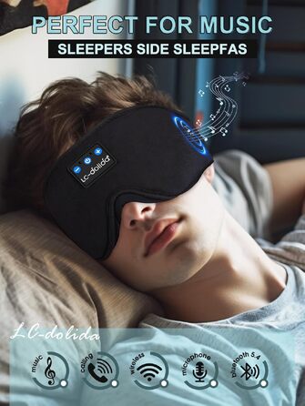 Маска для сну з Bluetooth-навушниками LC-dolida V5.4, 3D дихаюча бавовняна маска для очей з мікрофоном, миюча, для подорожей, йоги та медитації, чорна