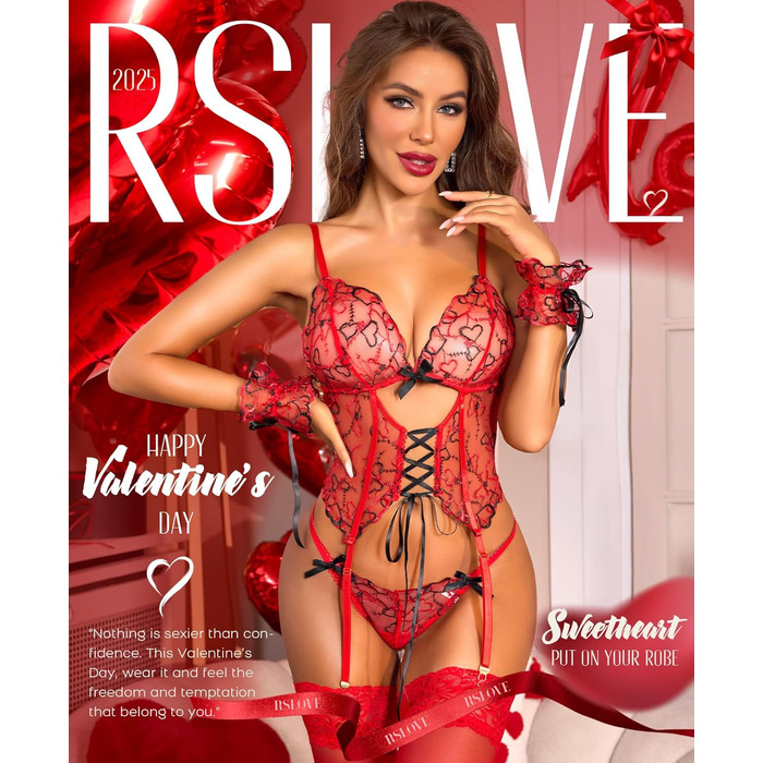 Комплект нижньої білизни RLOVE для жінок: піжама, део-сет, babydoll, 4-частинний комплект з бантиком, нічна сорочка, мультикольорове серце, білий (L, червоний)