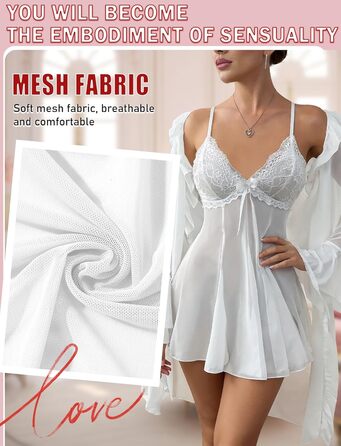 Жіночий комплект нижньої білизни AIEOE: мереживний халат-комбінезон з babydoll та нічна сорочка (білий, L)