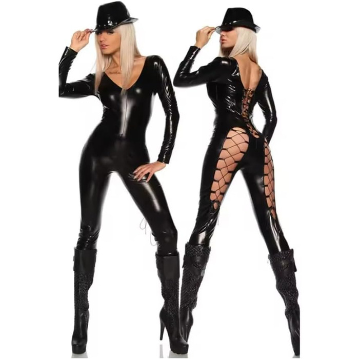 Костюм-комбінезон для котів YGZHANYUANOKU XXL з PU шкіри, глибокий V-подібний виріз, комбінезон, косплей, шнурівка, комбінезон з довгими штанами, штучна шкіра, клубний одяг, рожевий XXL