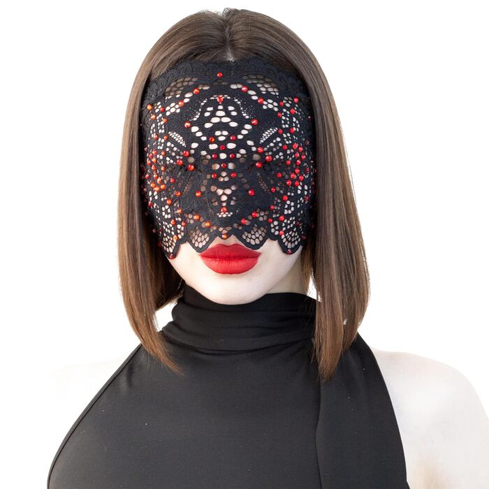 Чорна маска на обличчя з мереживом та стразами для жінок, елегантна венеціанська маска для карнавалу, Хелловіну, косплею, вечірок у костюмах (чорний з червоними стразами)