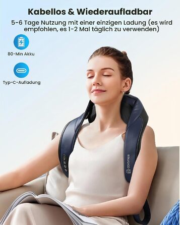 Масажер для шиї та плечей COMFIER 2026 з 4D Shiatsu, бездротовий глибокий масажер з графенним підігрівом для спини, темно-синій
