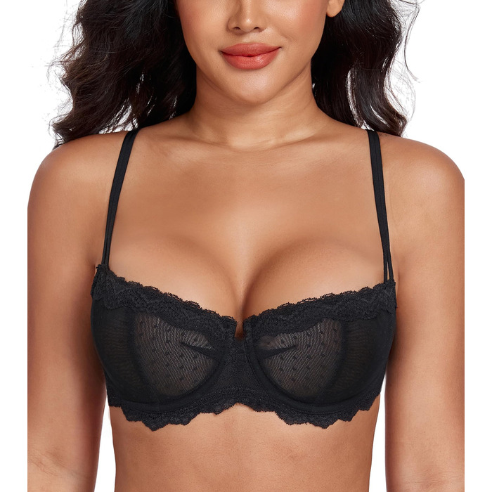 Дизайнерський бюстгальтер Lemorosy для дівчаток Dirndl з кісточками Push Up мереживний Balconette напівчашка прозорий бюстгальтер 75E чорний