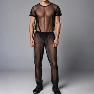 Чоловічий прозорий піжамний комплект YINYOUYU з мережива, з малюнком м'язів, чорний XL