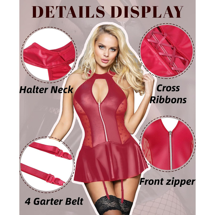 Чорне шкіряне міні-плаття для жінок з трапецієвидною формою, великі розміри, сексуальний мокрий ефект, відкрита спина, штучна шкіра, для пишних жінок, ніжна сукня, клубний одяг (XL, червоний)