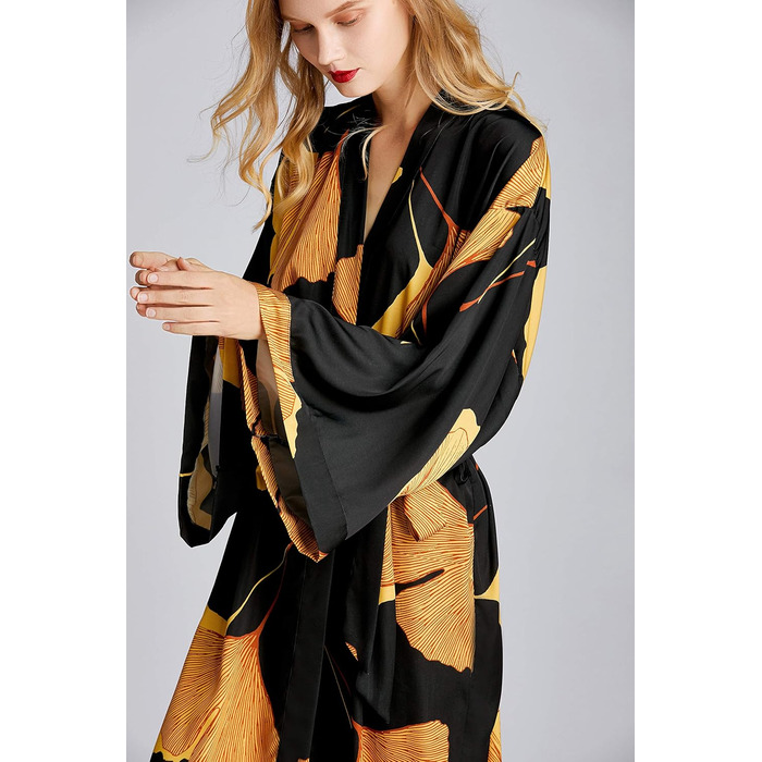 Жіночий халат-кімоно з довгим рукавом з атласу, принт листя гінкго, для нареченої/свідки, універсальний розмір, чорний