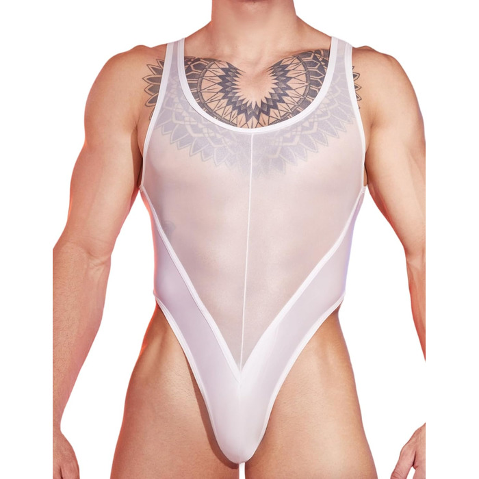 Боді для чоловіків AIEOE: прозорий боді, топ, майка, під одяг, без рукавів, труси-танга (білий)